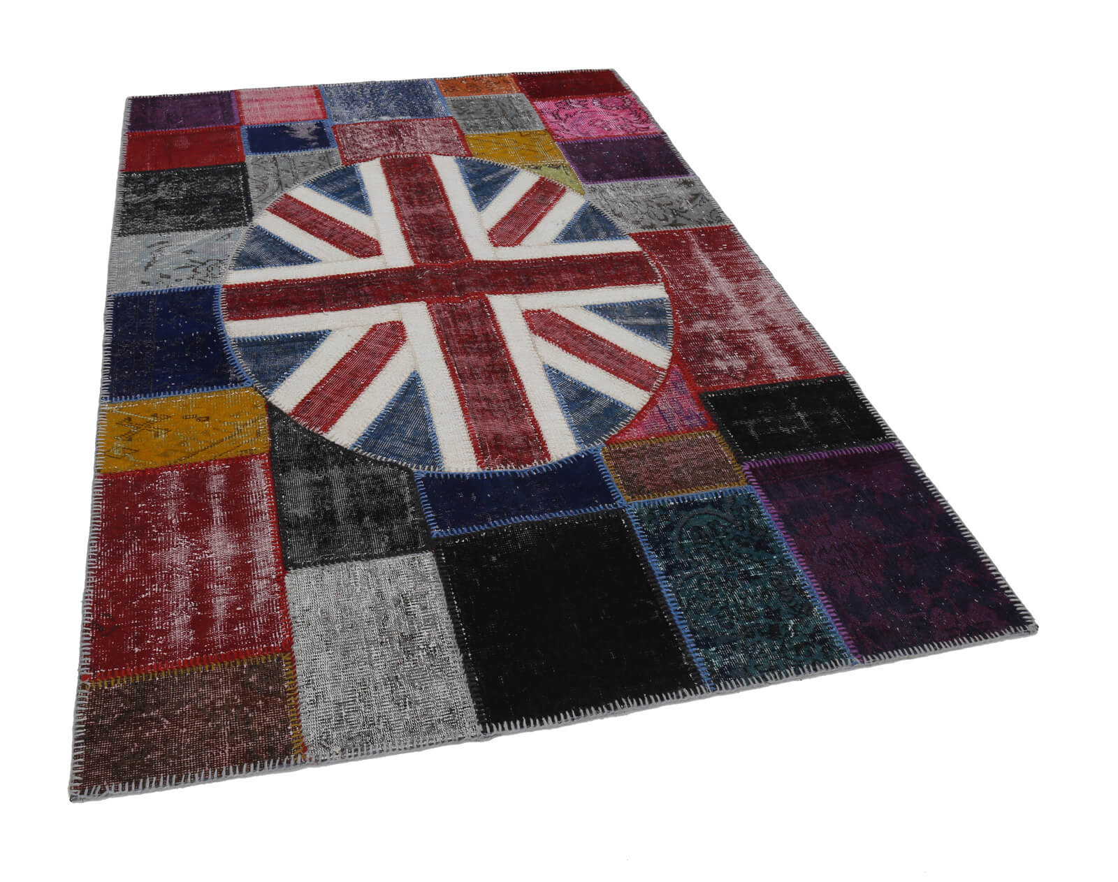 Handmade Area Rug - Blue Patchwork Cotton Wool Carpet With Figured Design 5'7''x8'2''