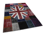 Handmade Area Rug - Blue Patchwork Cotton Wool Carpet With Figured Design 5'7''x8'2''