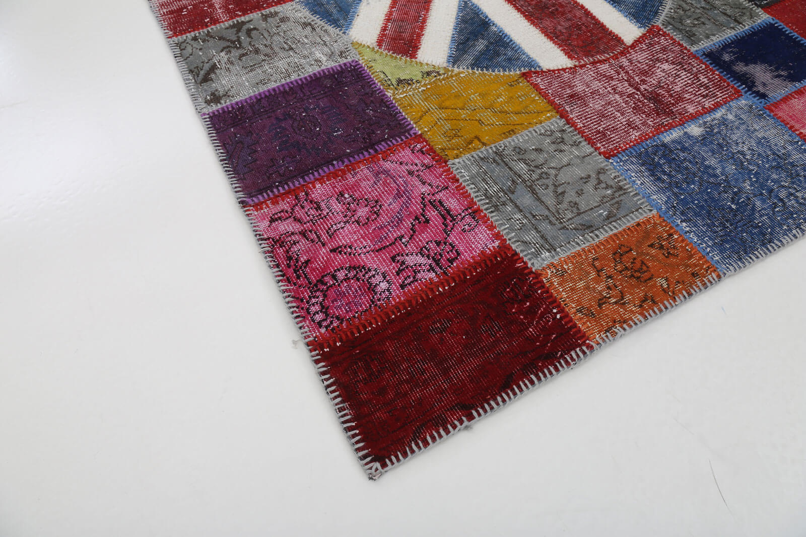 Handmade Area Rug - Blue Patchwork Cotton Wool Carpet With Figured Design 5'7''x8'2''