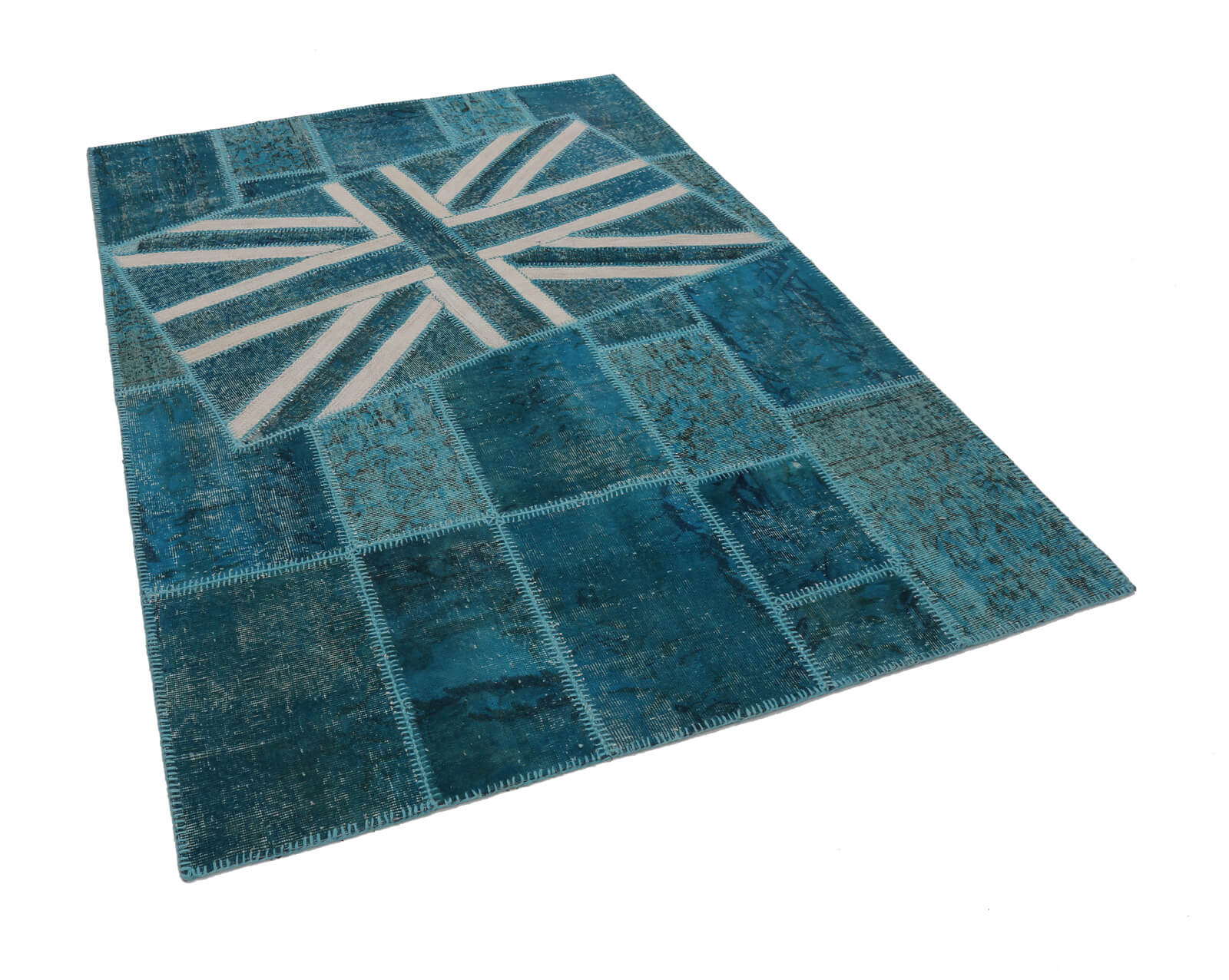 Handmade Wool Area Rug – Turquoise Patchwork Carpet with Cotton Weave 5'9''x7'11''
