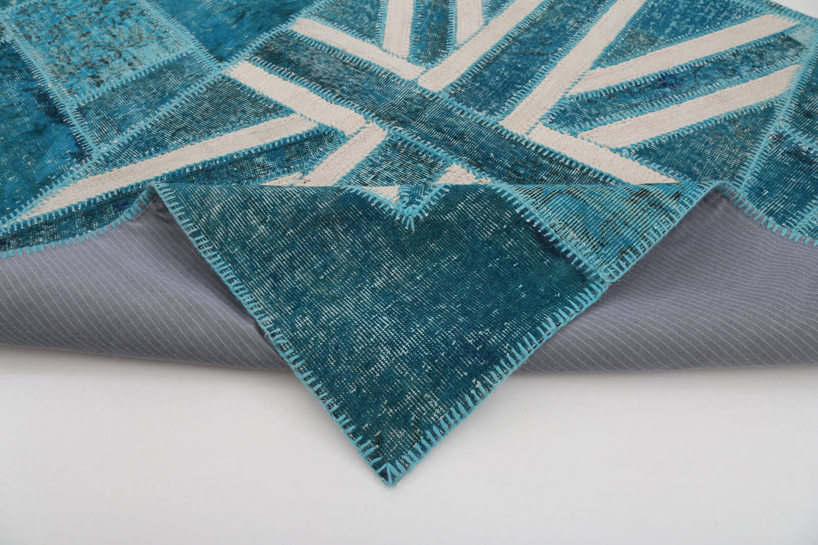 Handmade Wool Area Rug – Turquoise Patchwork Carpet with Cotton Weave 5'9''x7'11''