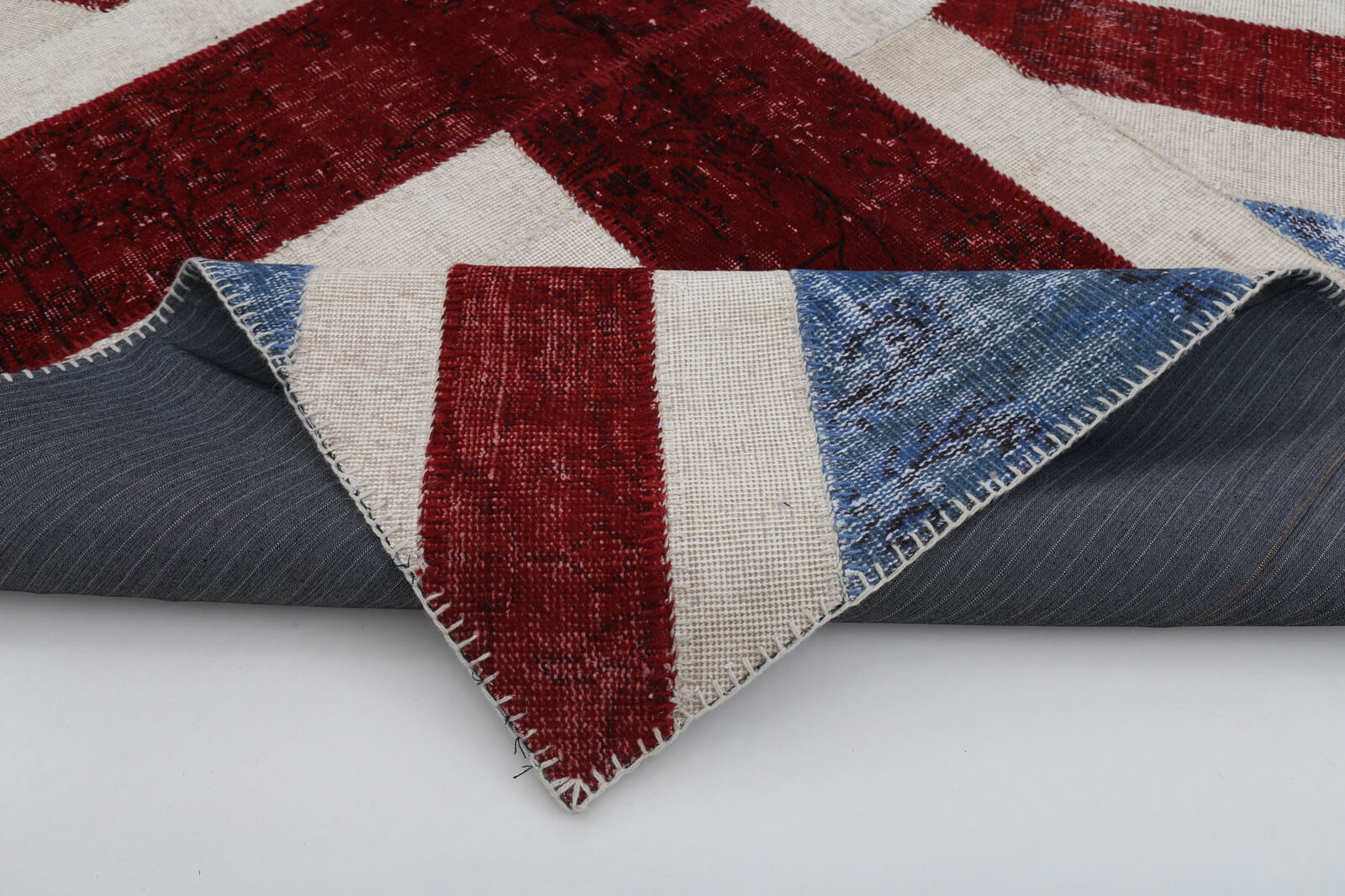Handmade Area Rug – Blue Patchwork Figured Cotton Wool Vintage Carpet 5'7''x8'0''