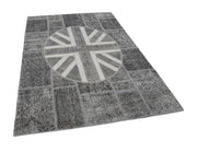 Handmade Area Rug – Vintage Wool Cotton Patchwork | Grey Figured Bohemian Carpet 5'7''x8'2''