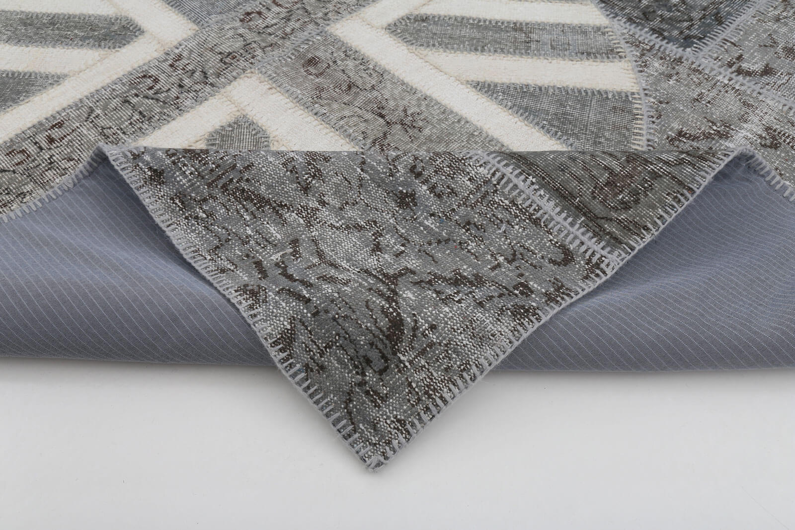 Handmade Area Rug – Vintage Wool Cotton Patchwork | Grey Figured Bohemian Carpet 5'7''x8'2''