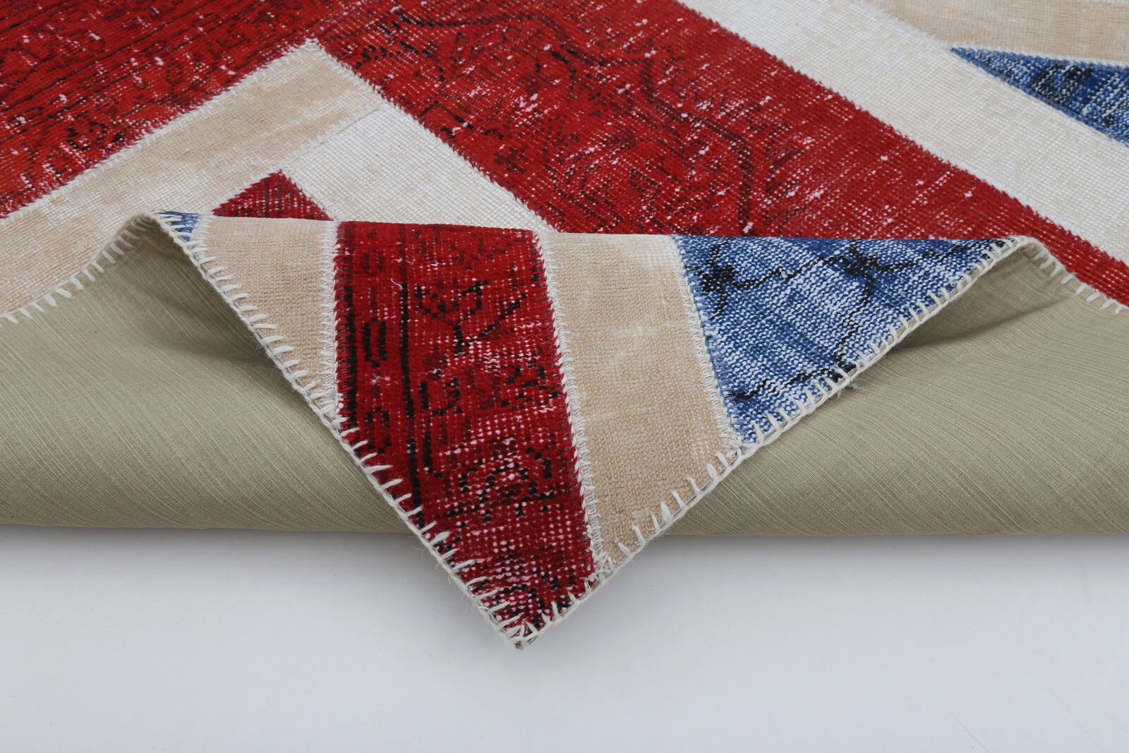 Handmade Area Rug – Blue Patchwork Wool Cotton Carpet, Turkish Hand Knotted 5'8''x8'