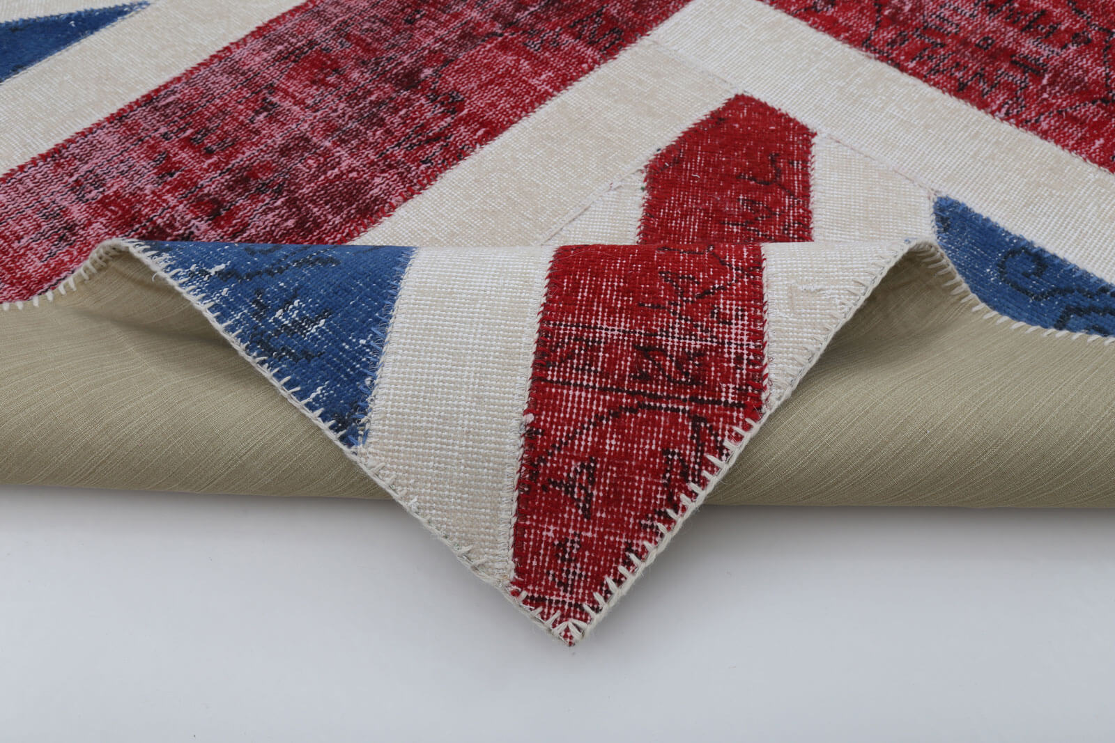 Handmade Wool Area Rug – Blue Patchwork Carpet, Durable Vintage Rug 5'8''x8'