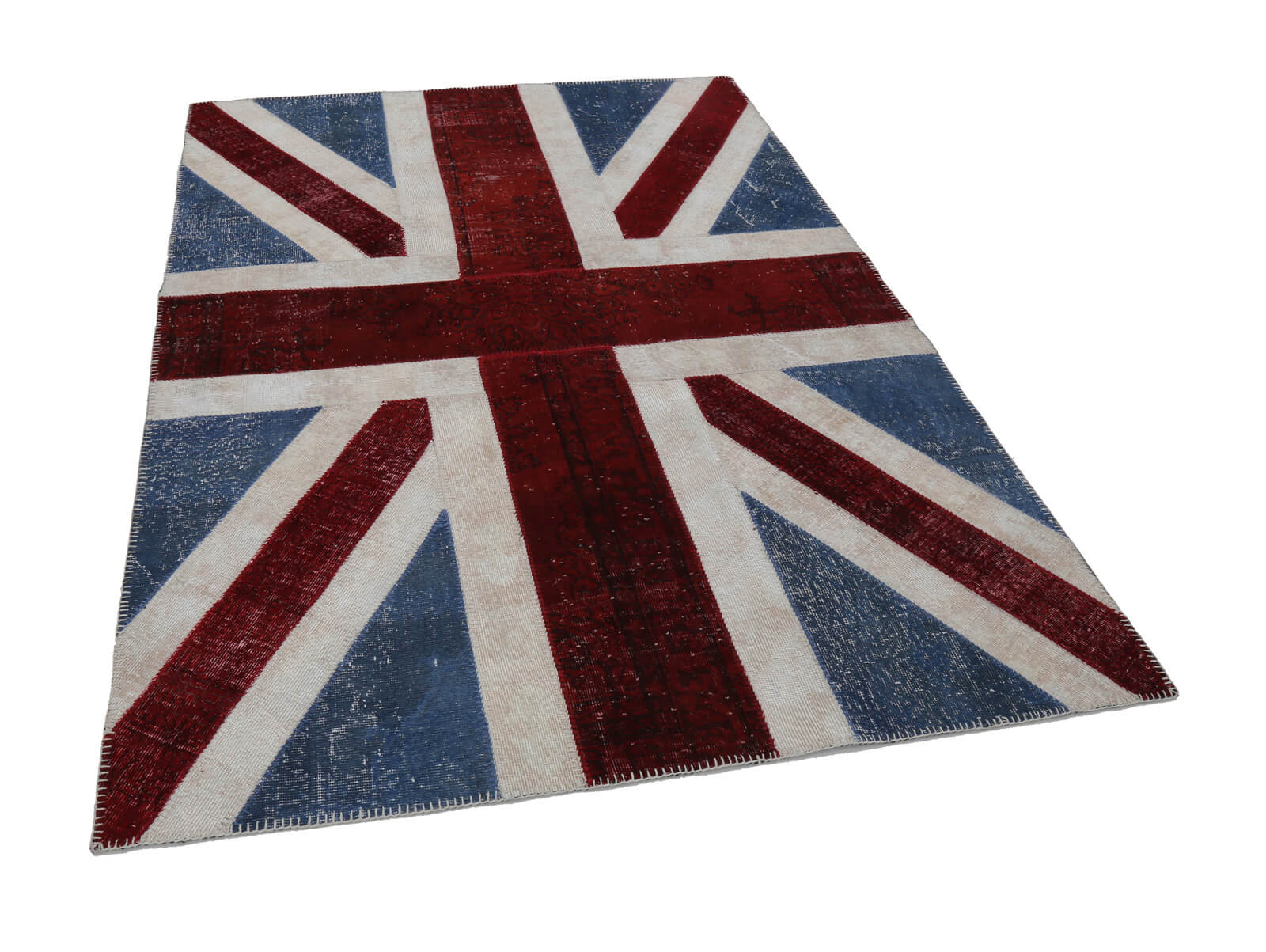 Handmade Wool Area Rug - Blue Patchwork Vintage Turkish Carpet, Soft Cotton Wool