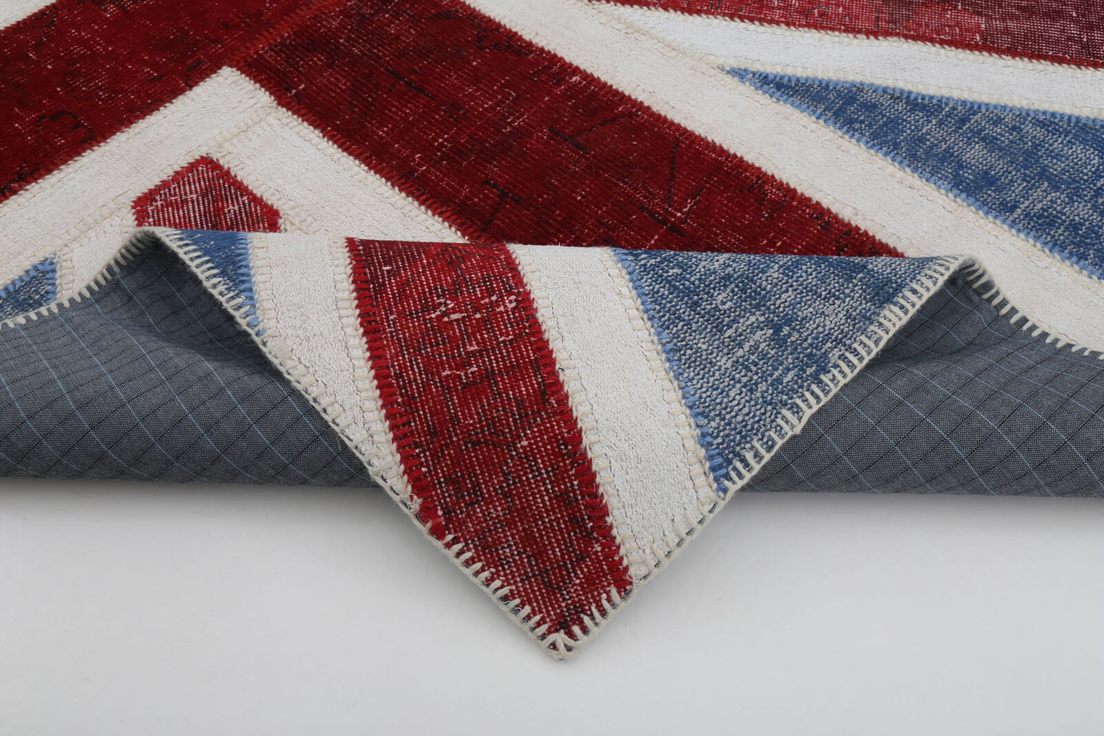 Handmade Area Rug – Vintage Wool Rug Blue Figured Cotton Patchwork Carpet 5'x7'11"