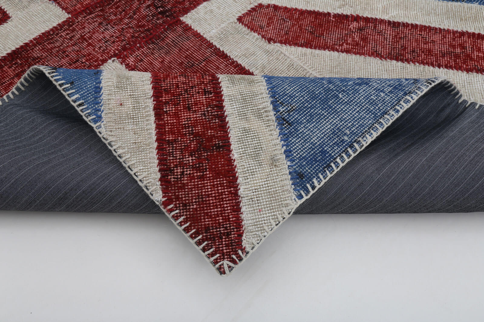 Handmade Area Rug - Blue Patchwork Cotton Wool 4x6 Vintage Handwoven Carpet