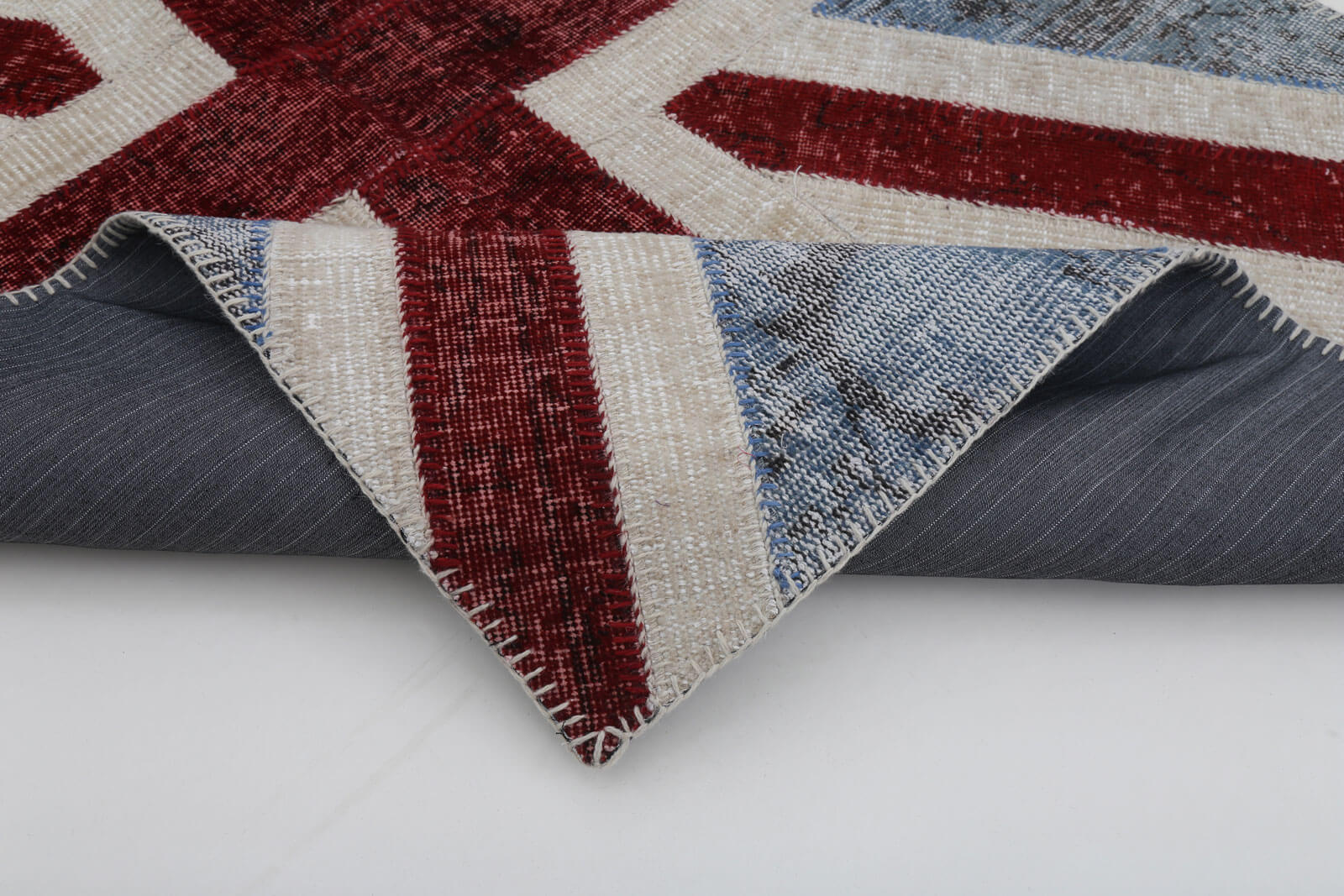 Handmade Area Rug - Blue Patchwork Cotton Wool Carpet 4x6 Feet Durable Soft Blend