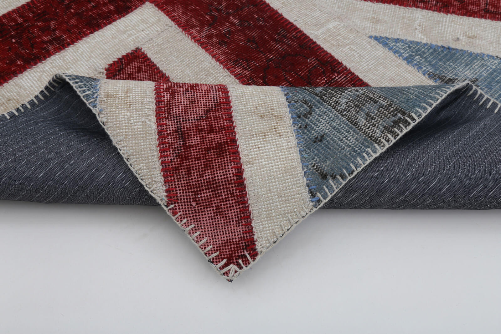 Handmade Wool Area Rug - Blue Patchwork Vintage Turkish Rug 4'x6' Cotton Wool Carpet