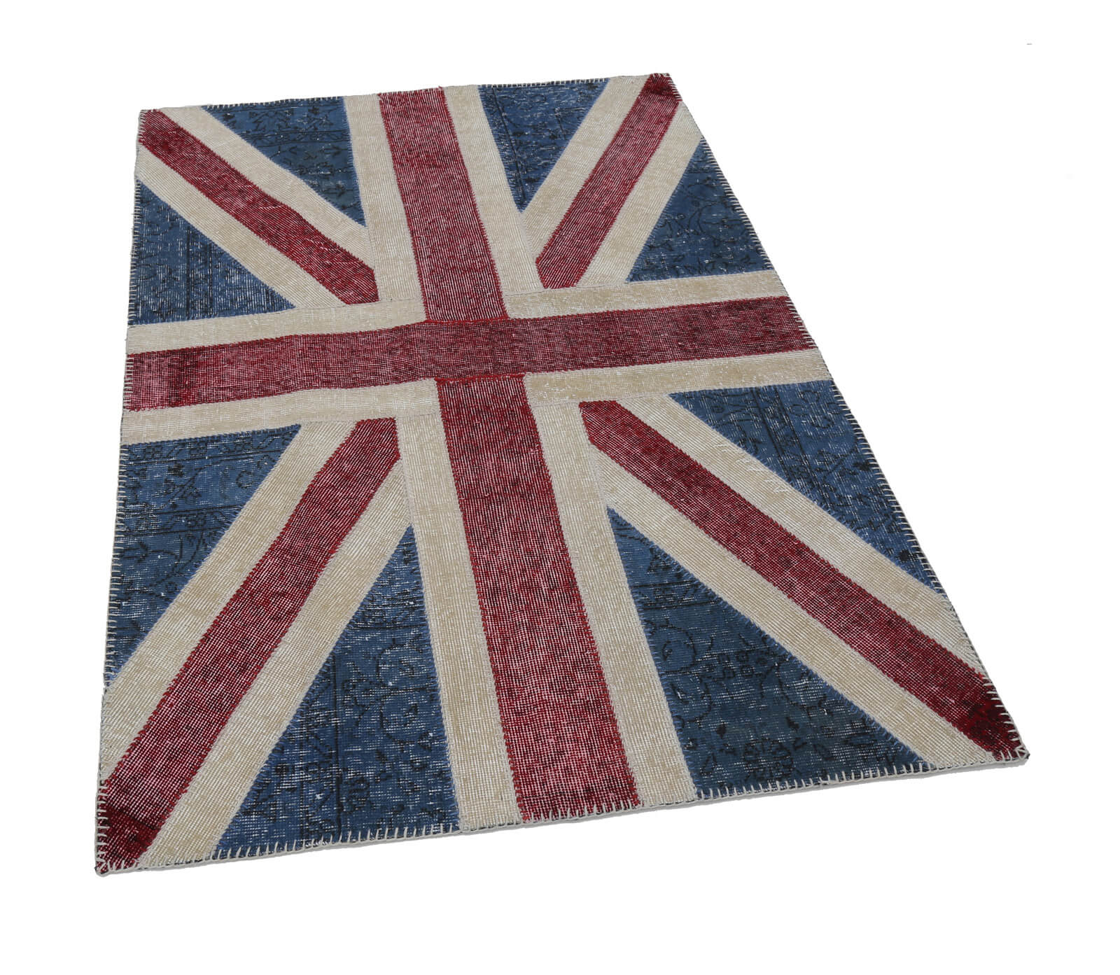 Handmade Area Rug - Blue Patchwork Cotton Wool Rug, Vintage Handwoven Carpet 4'x6'
