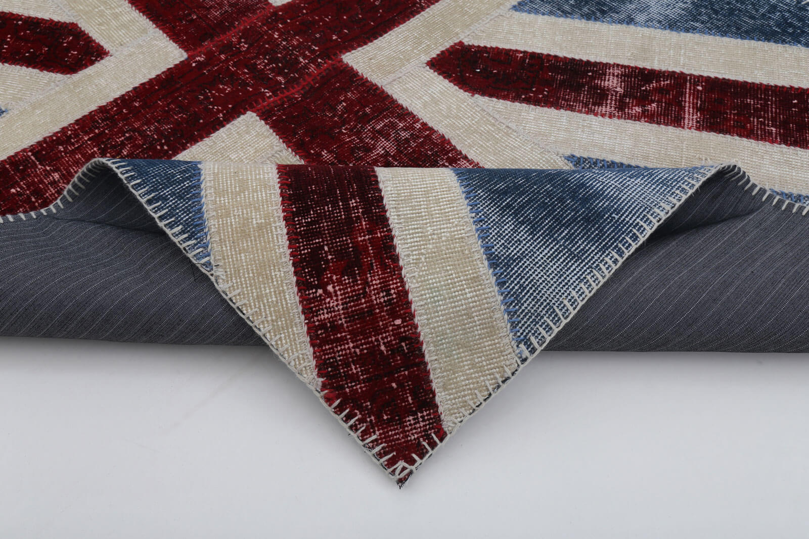 Handmade Area Rug - Blue Patchwork Cotton Wool Vintage Turkish Carpet 4'x6'