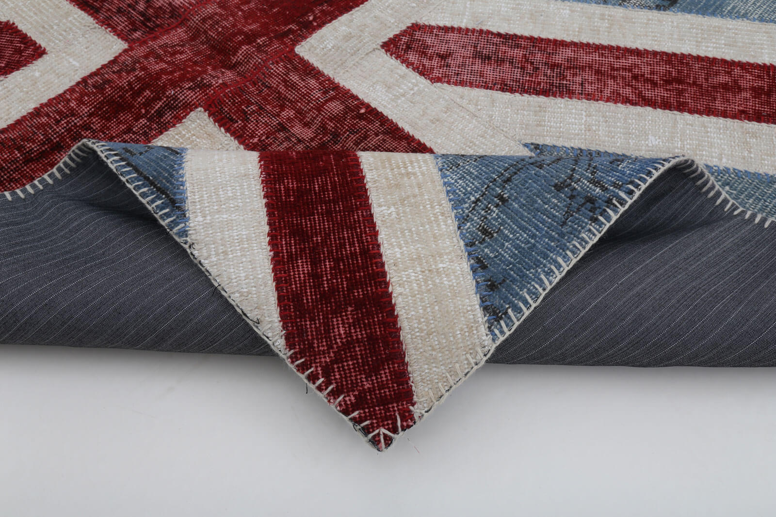 Handmade Area Rug - Blue Figured Turkish Patchwork Wool & Cotton Carpet 4x6