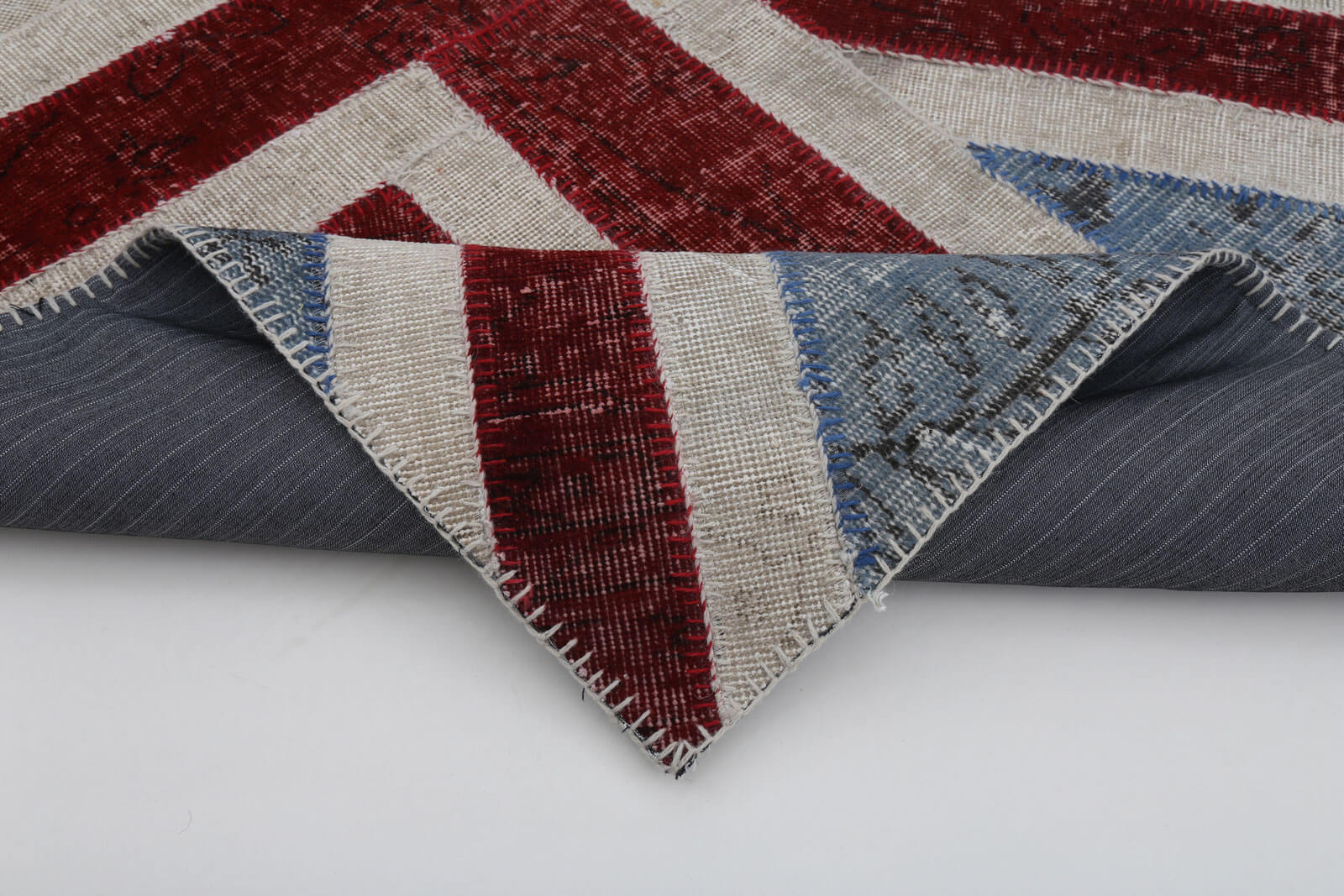 Handmade Area Rug – Blue Patchwork Rug 4x6, Vintage Wool & Cotton Carpet