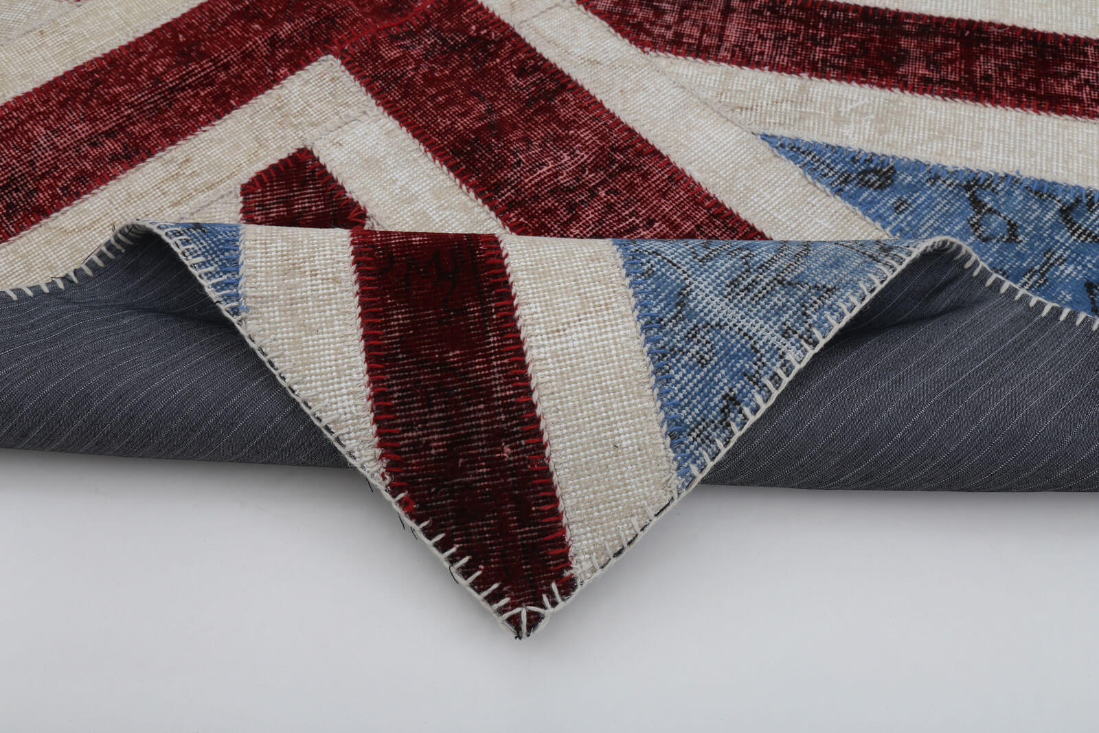 Handmade Area Rug - Blue Figured Turkish Patchwork Cotton Wool Carpet 4x6