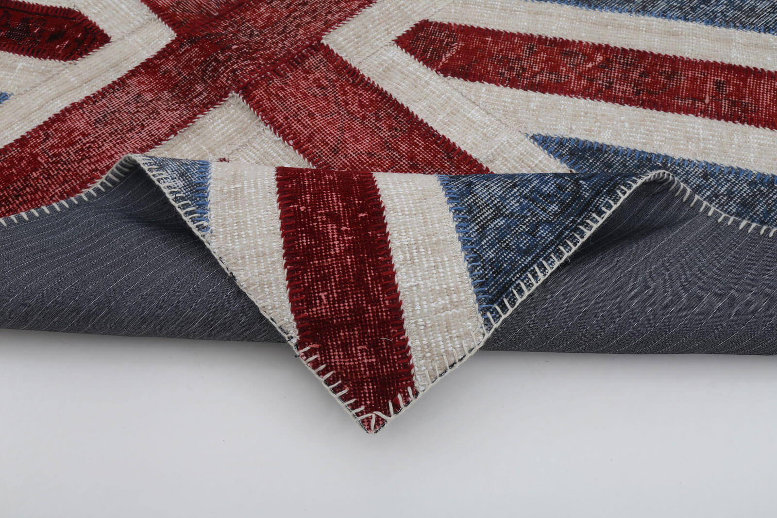 Handmade Area Rug - Blue Figured Cotton Wool Patchwork Carpet 4'x6' Durable Blend