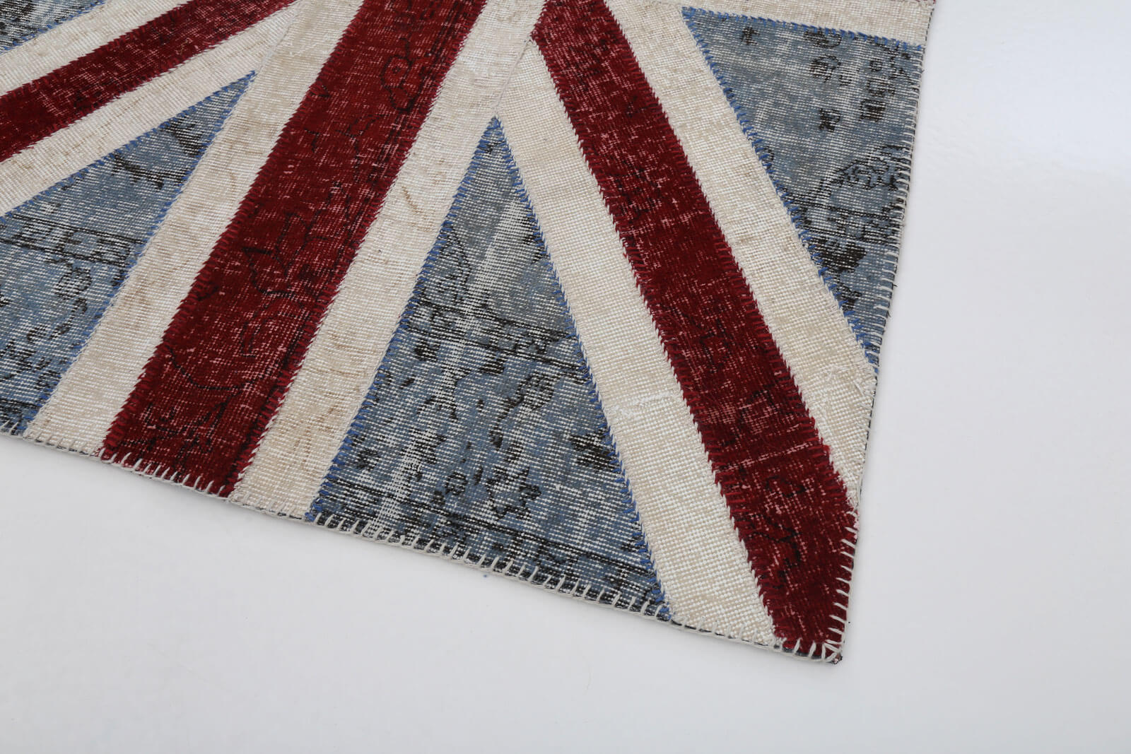 Handmade Area Rug - Blue Patchwork Figured Cotton Wool 4x6 Vintage Turkish Carpet