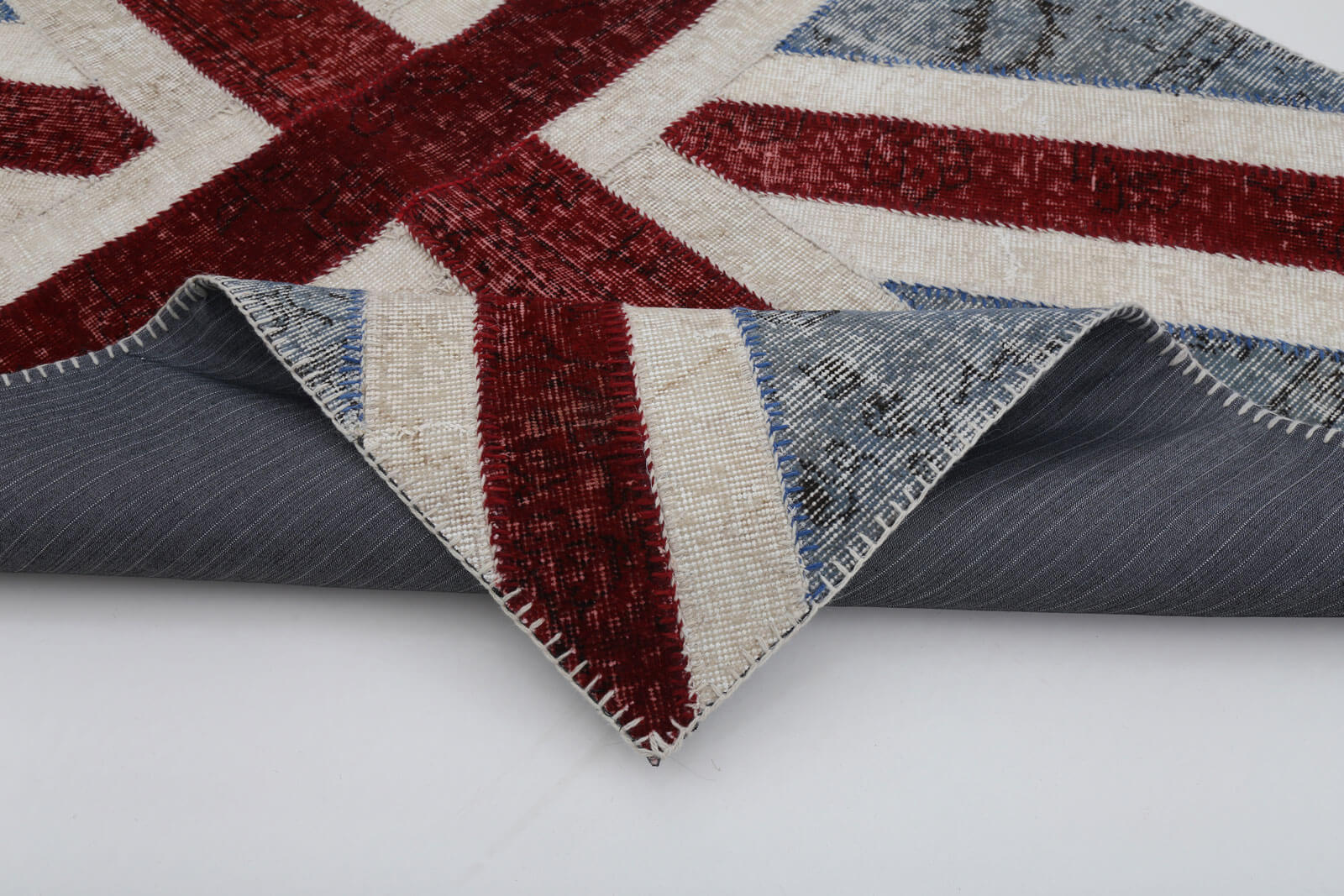 Handmade Area Rug - Blue Patchwork Figured Cotton Wool 4x6 Vintage Turkish Carpet