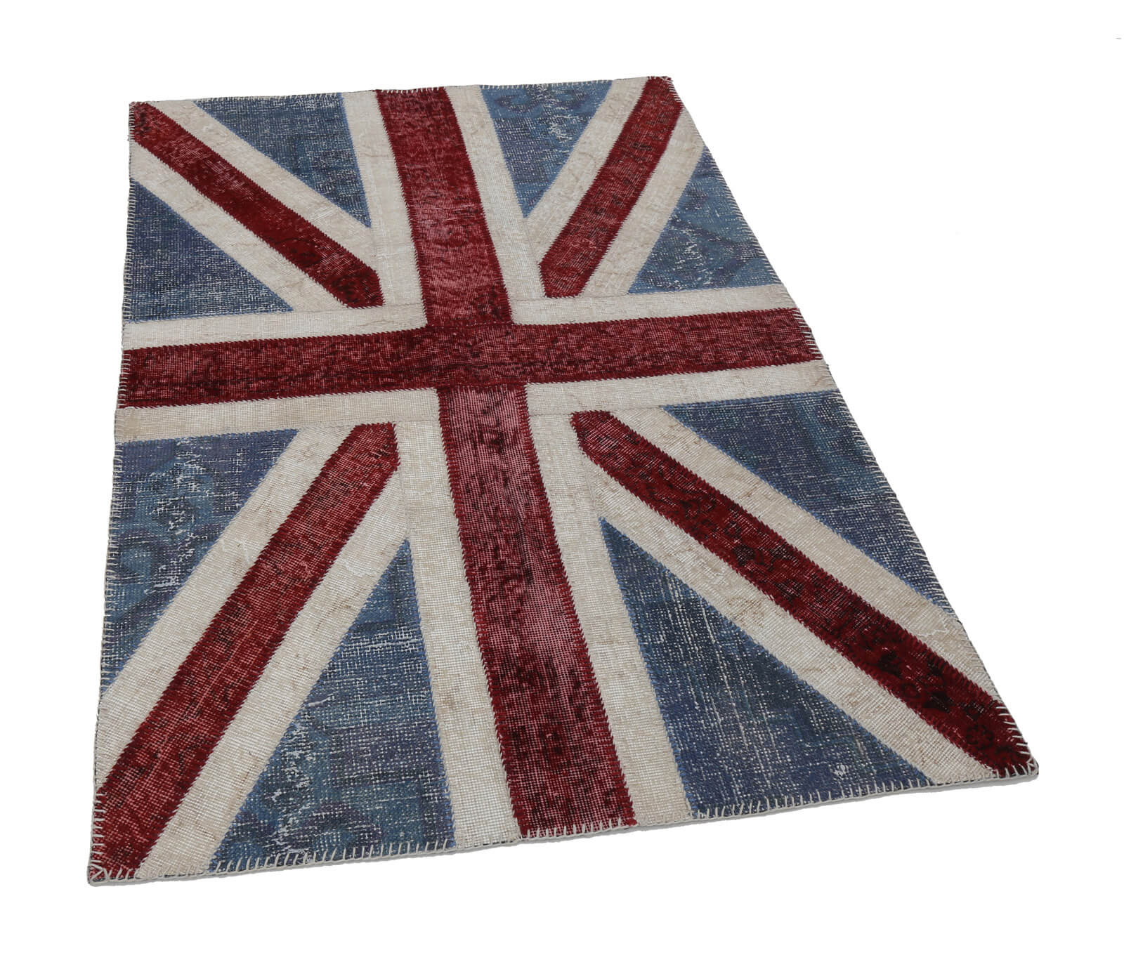 Handmade Area Rug - Blue Patchwork Cotton Wool 4x6 Vintage Handwoven Carpet