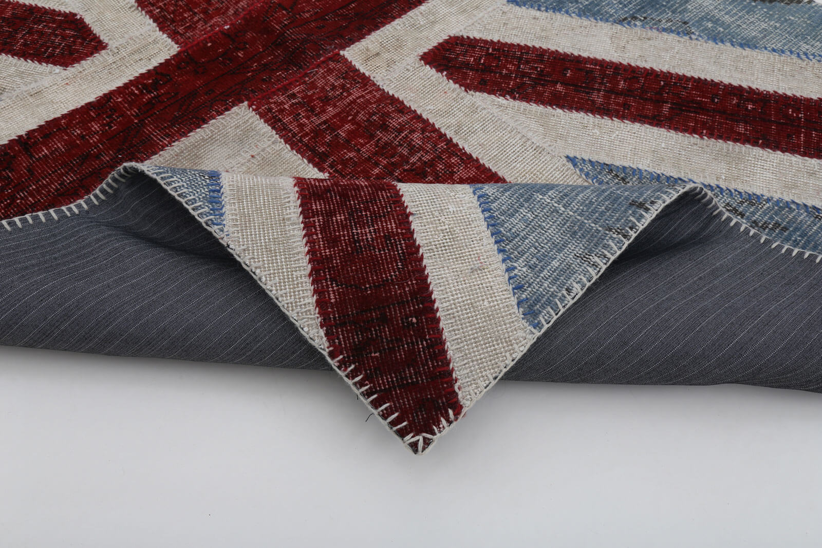 Handmade Area Rug – Vintage Wool Rug Blue Figured Cotton Patchwork 4'x6'