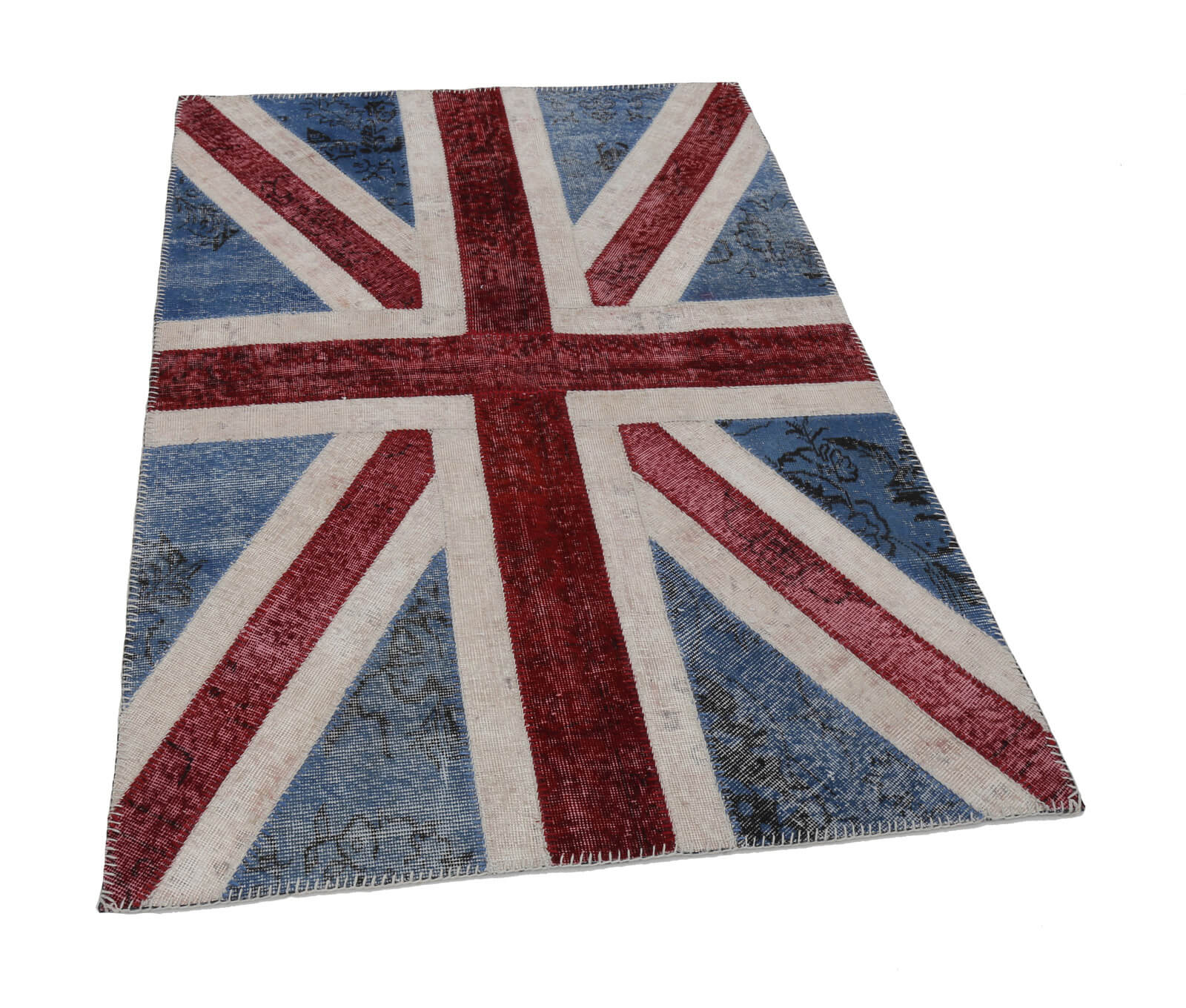 Handmade Area Rug - Blue Figured Cotton Wool Patchwork 4x6 Vintage Carpet