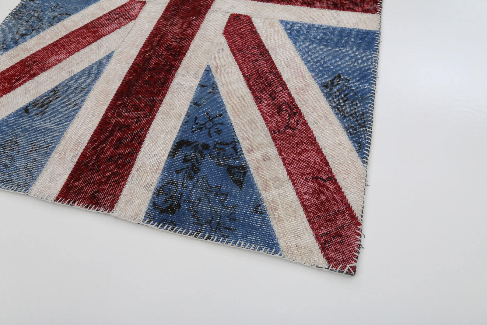 Handmade Area Rug - Blue Figured Cotton Wool Patchwork 4x6 Vintage Carpet