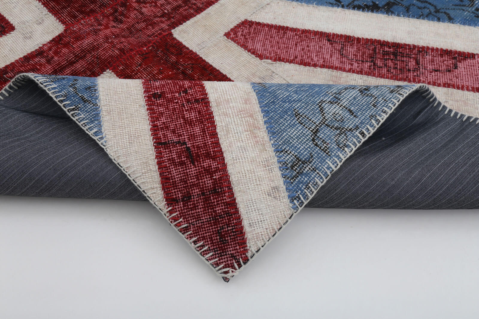 Handmade Area Rug - Blue Figured Cotton Wool Patchwork 4x6 Vintage Carpet