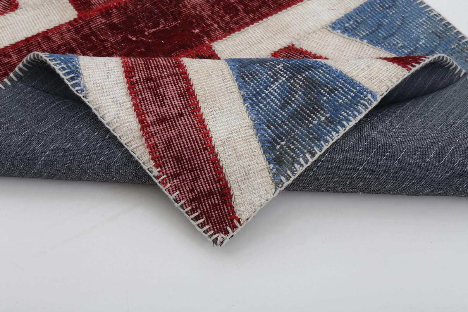 Handmade Area Rug - Blue Patchwork Cotton Wool Blend, Turkish Knotted Carpet 2'10''x5'