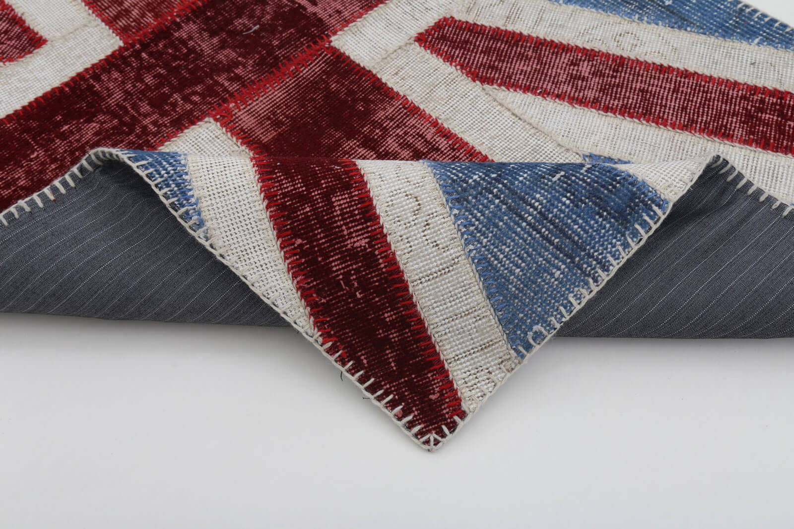Handmade Area Rug - Blue Patchwork Cotton Wool Vintage Turkish Carpet 2'10''x5'