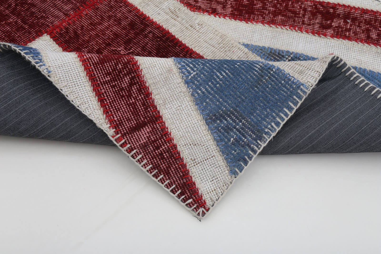 Handmade Area Rug – Blue Patchwork Wool Cotton Vintage Turkish Carpet 2'9''x5'