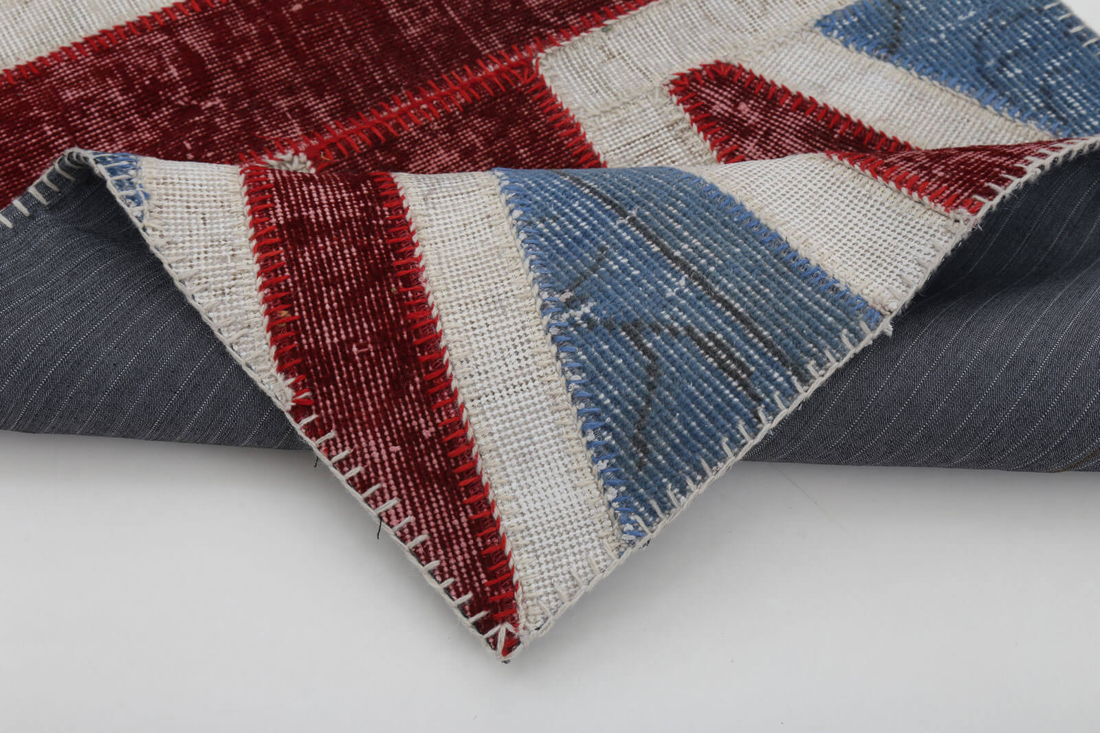 Handmade Area Rug – Turkish Patchwork Blue Cotton Wool 2'8''x5'0'' Figured Design