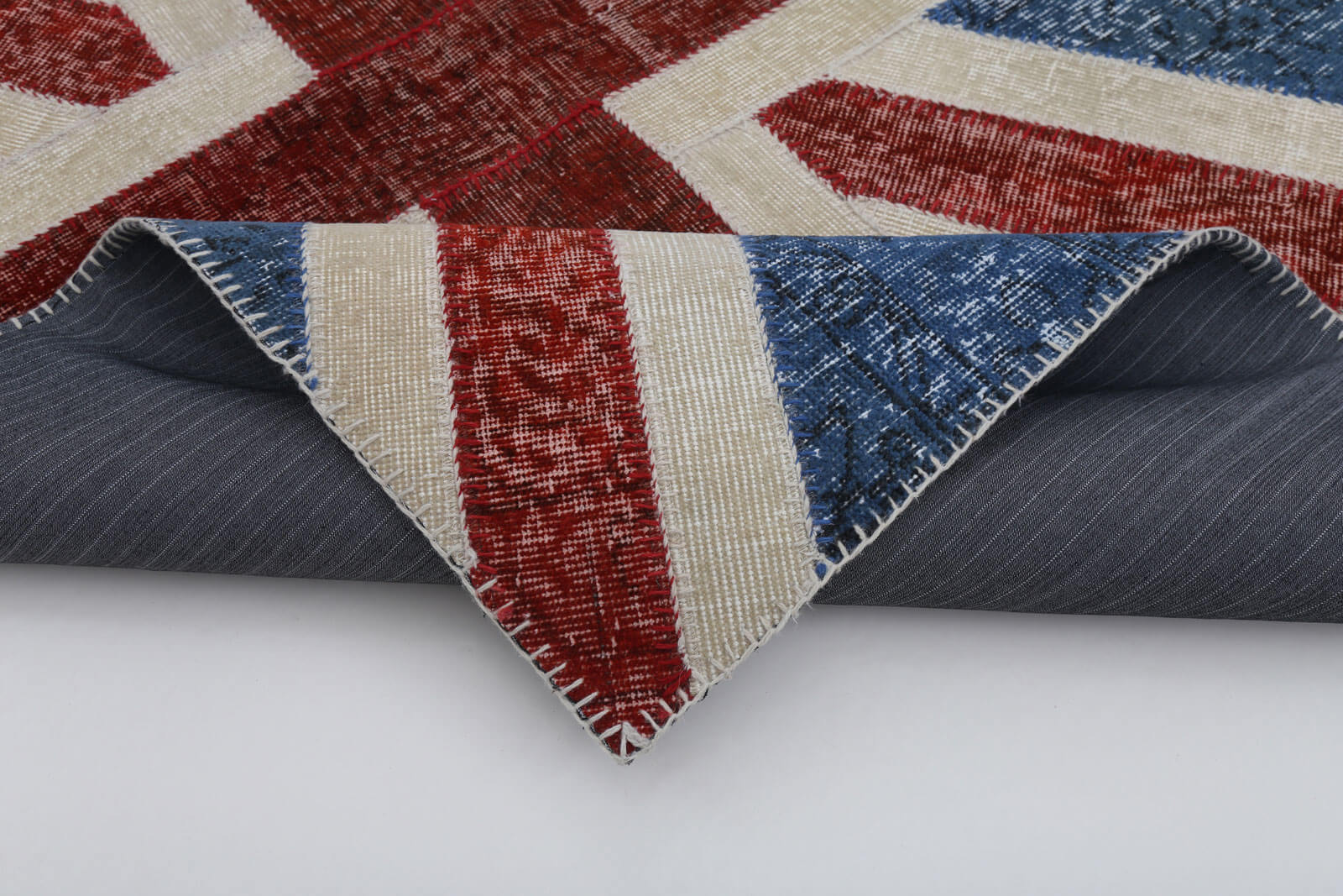 Handmade Area Rug - Blue Patchwork Wool Cotton Carpet 4'x6' Durable Soft Texture