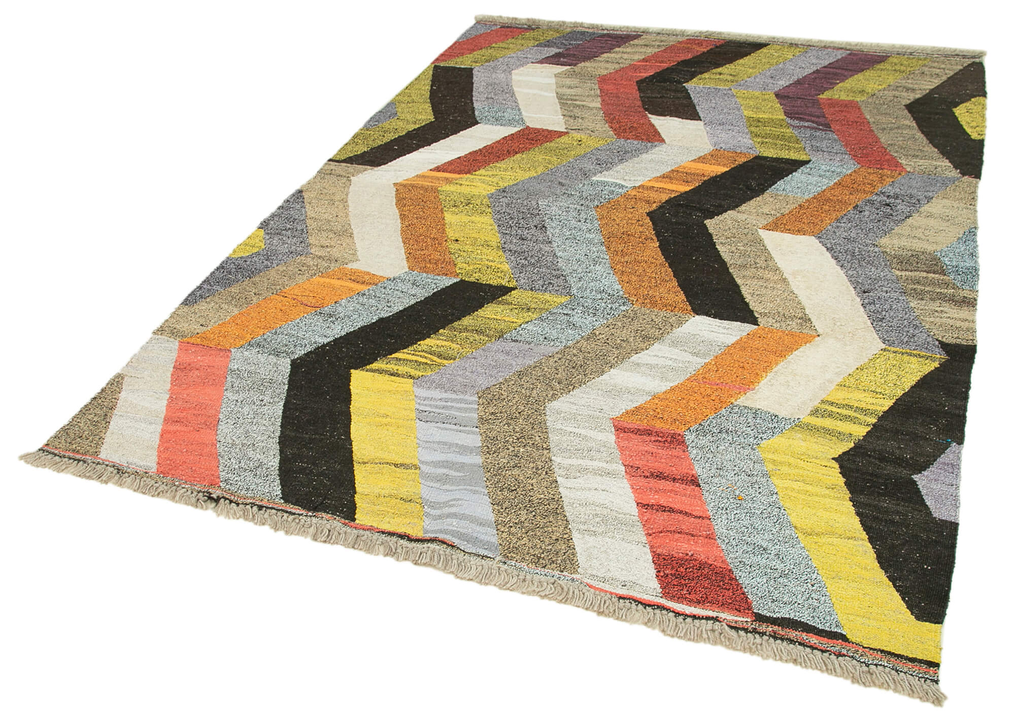 Handmade Area Rug - Vintage Wool Rug with Orange Geometric Design, 5'11''x8'0''