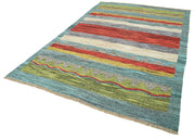 Handmade Area Rug - Blue Geometric Wool Cotton Vintage Handwoven Carpet 6'7"x9'7"