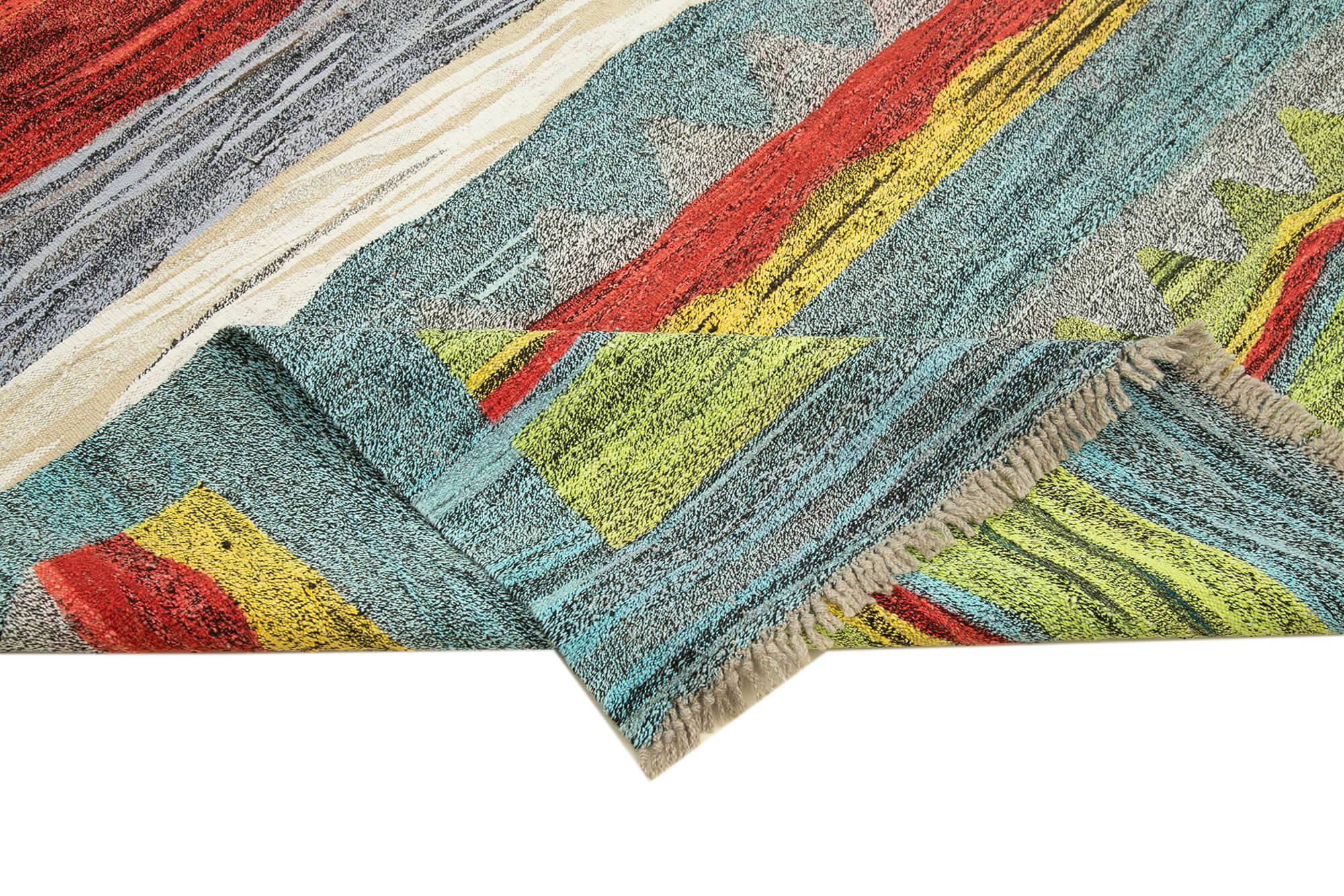 Handmade Area Rug - Blue Geometric Wool Cotton Vintage Handwoven Carpet 6'7"x9'7"