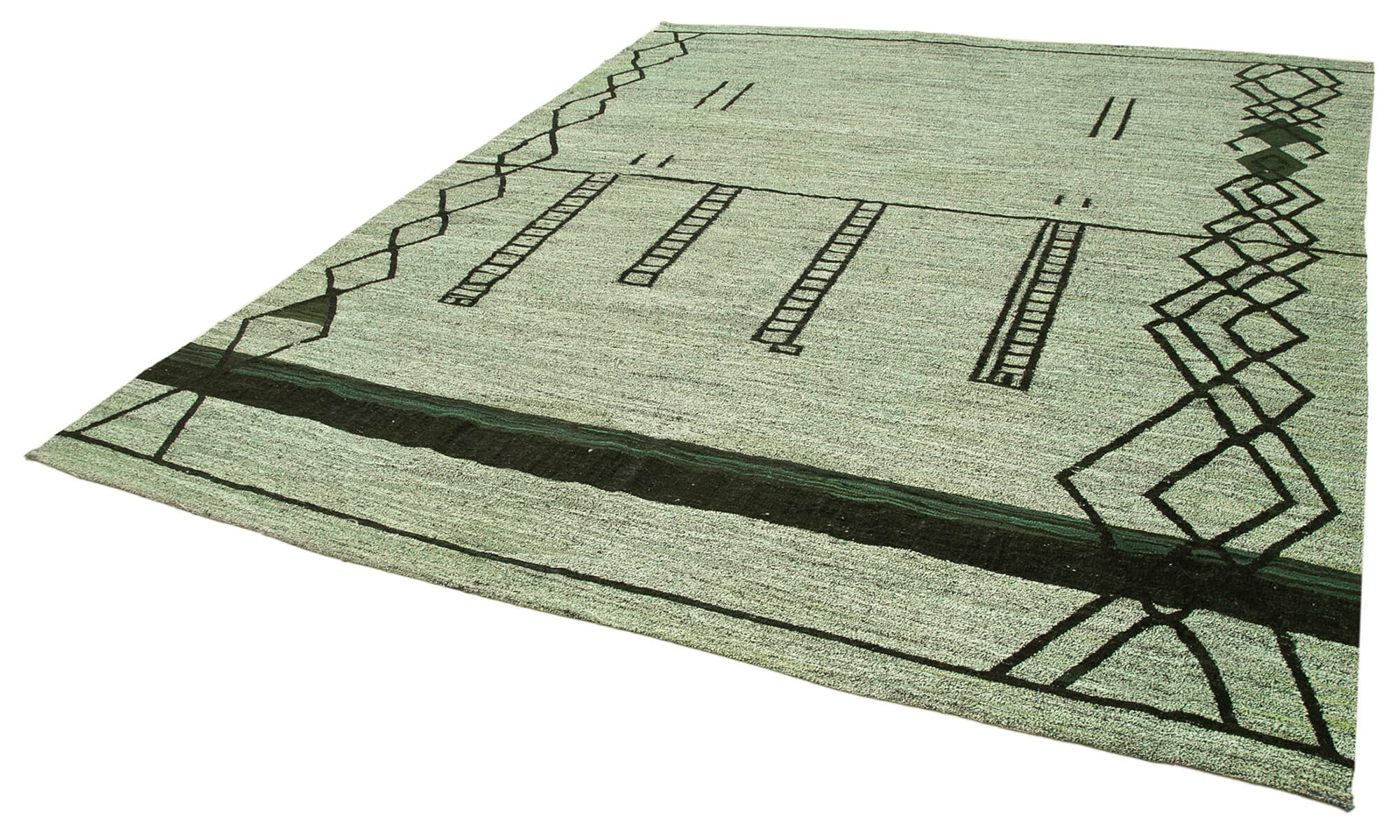 Handmade Wool Area Rug With Green Geometric Pattern | Soft Wool Floor Covering 8'4''x10'10''