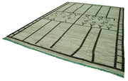 Handmade Wool Area Rug - Green Geometric Cotton Wool Rug 10'0''x14'1'' for Large Living Room