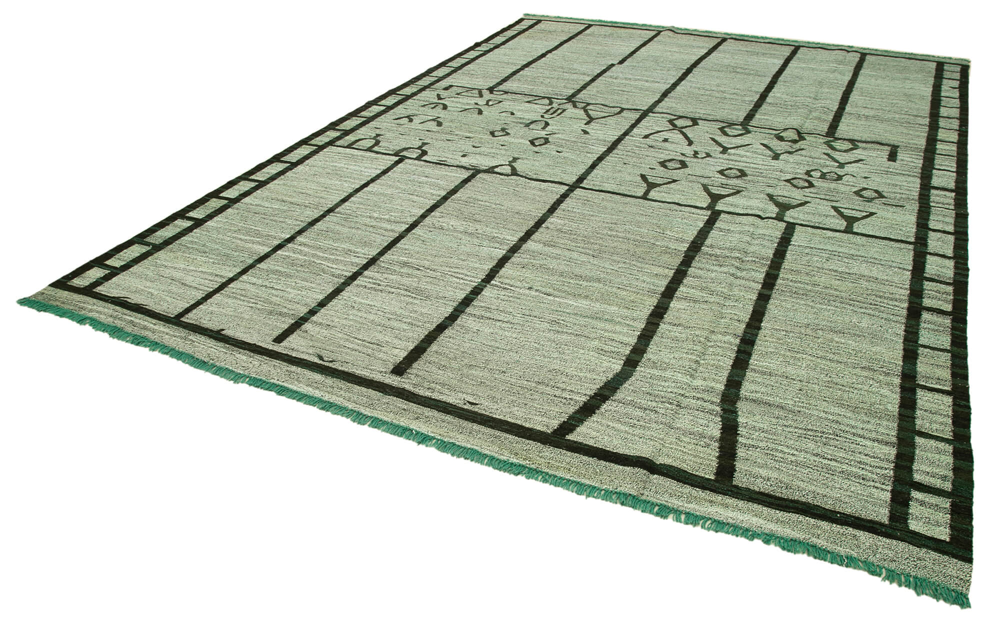 Handmade Wool Area Rug - Green Geometric Cotton Wool Rug 10'0''x14'1'' for Large Living Room