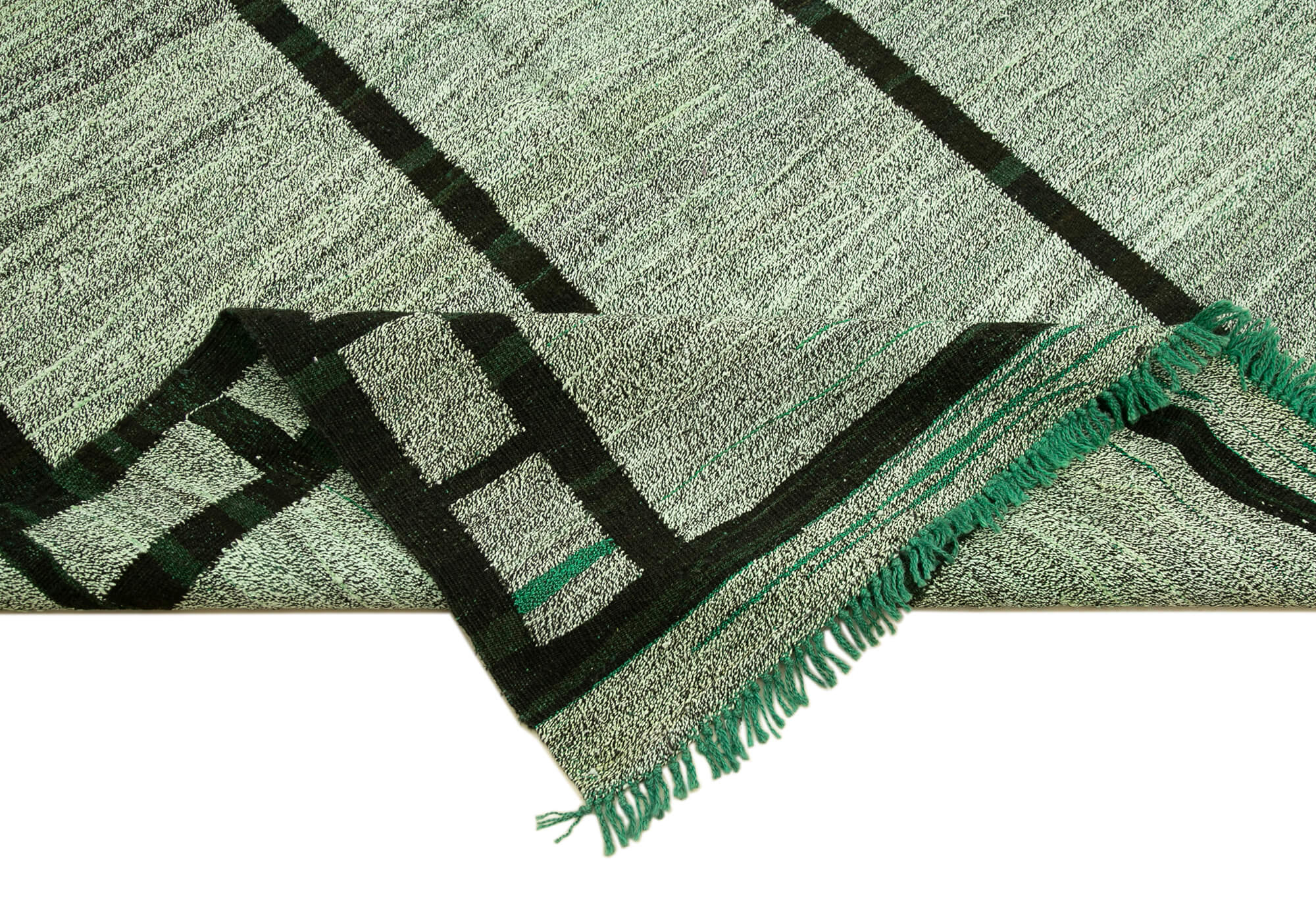 Handmade Wool Area Rug - Green Geometric Cotton Wool Rug 10'0''x14'1'' for Large Living Room