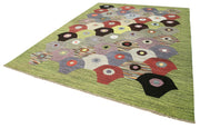 Handmade Area Rug - Green Geometric Cotton Wool Vintage Handwoven Carpet 9'4" x 12'6"