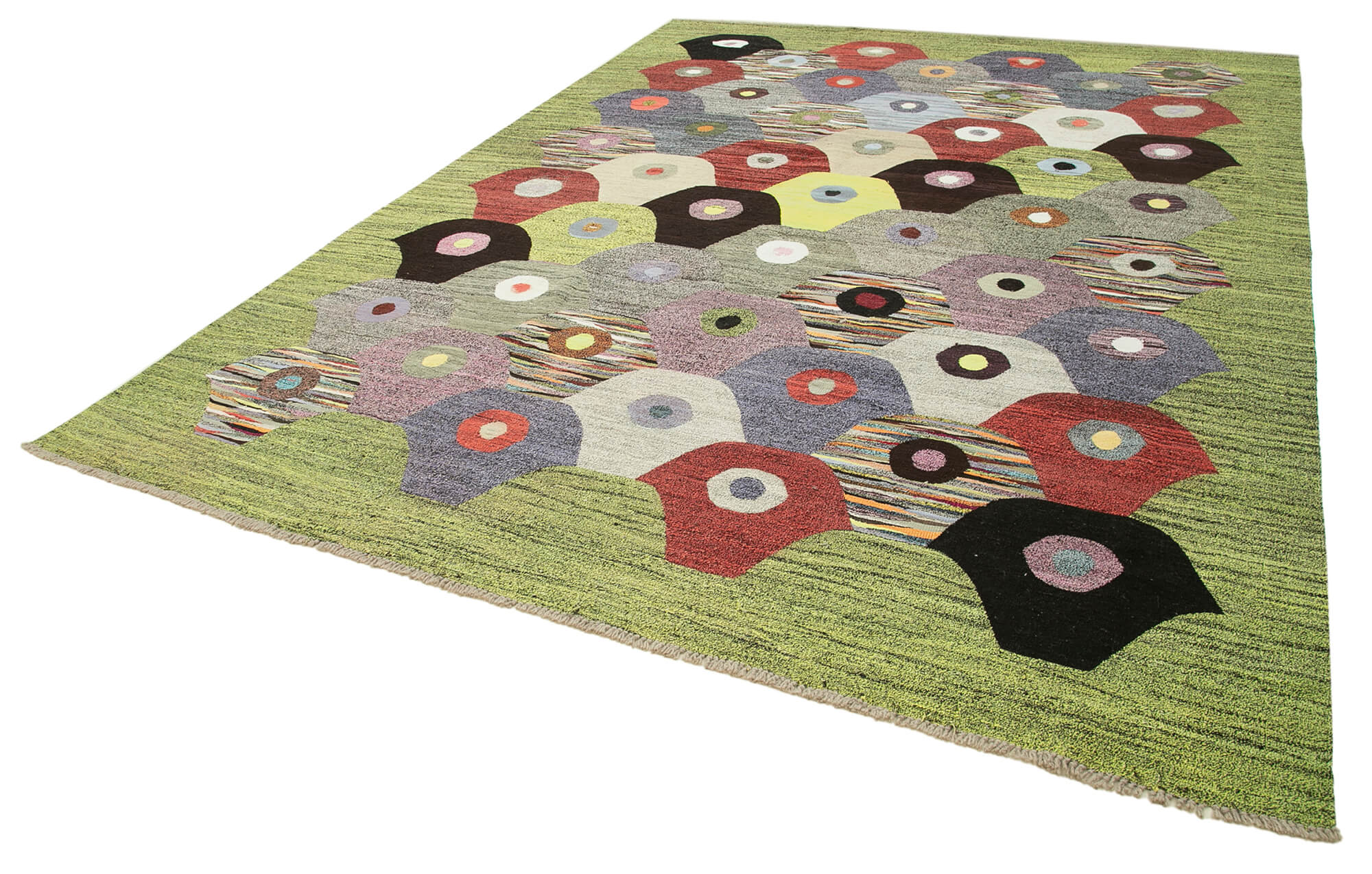 Handmade Area Rug - Green Geometric Cotton Wool Vintage Handwoven Carpet 9'4" x 12'6"