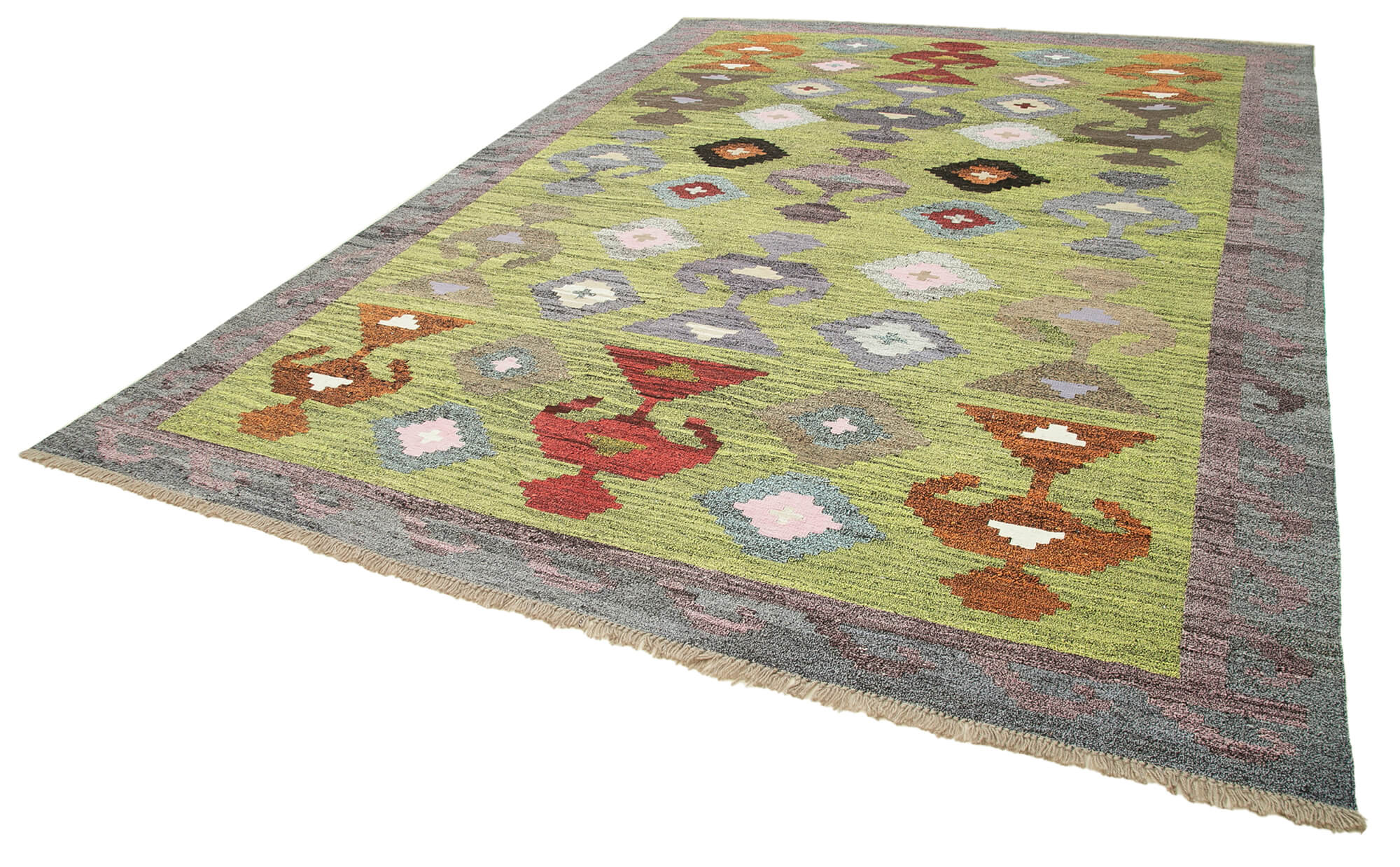 Scrap Green Geometric Cotton Wool Handmade Area Rug 9'11'' x 13'7''