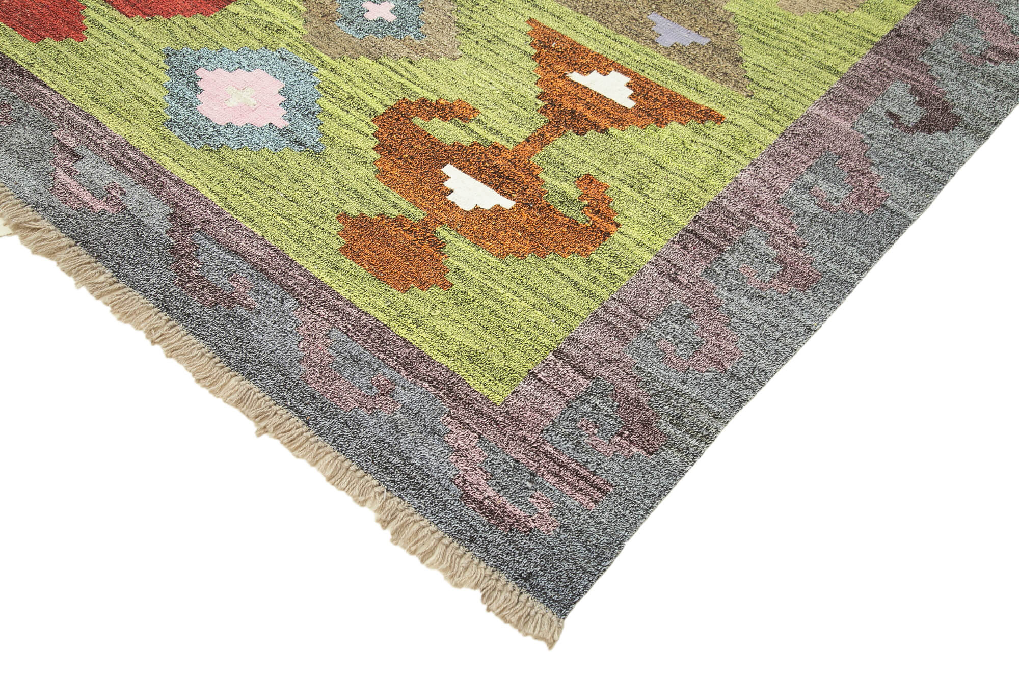 Scrap Green Geometric Cotton Wool Handmade Area Rug 9'11'' x 13'7''