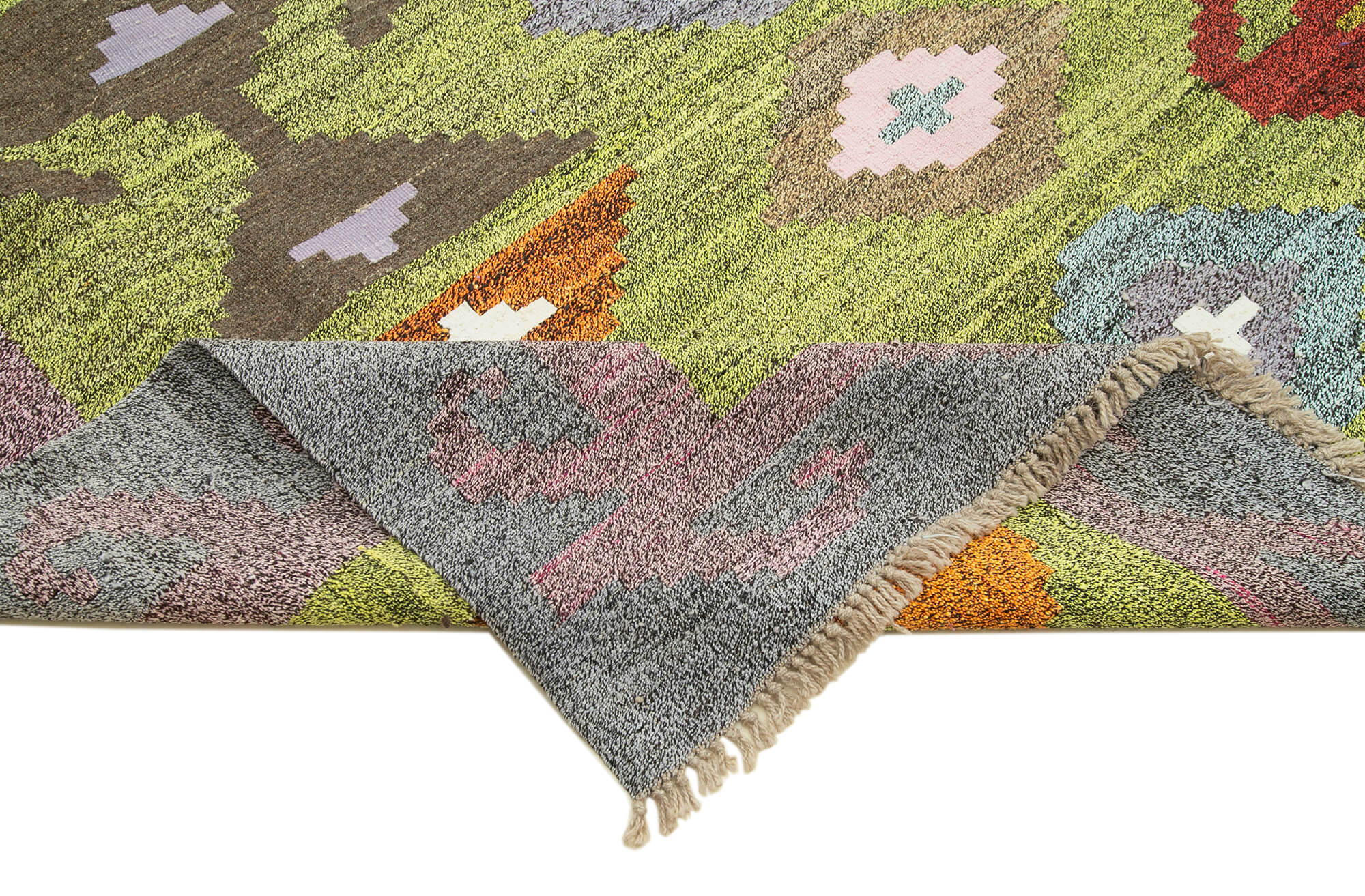 Scrap Green Geometric Cotton Wool Handmade Area Rug 9'11'' x 13'7''