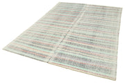 Handmade Area Rug - Turquoise Striped Kilim Cotton Wool Carpet 6'5''x9'0''