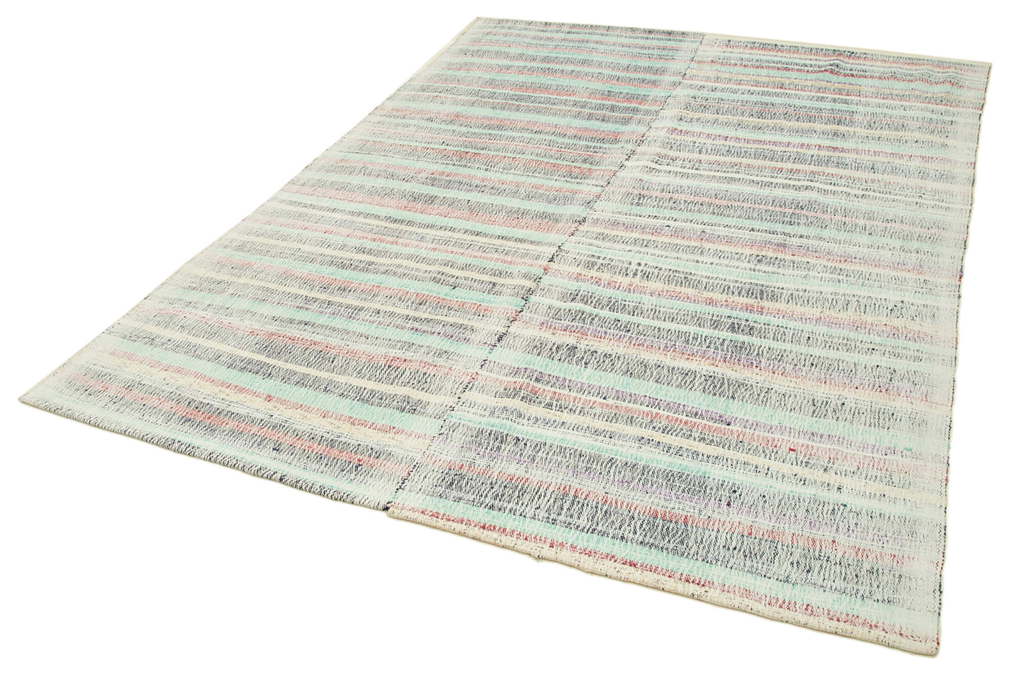 Handmade Area Rug - Turquoise Striped Kilim Cotton Wool Carpet 6'5''x9'0''