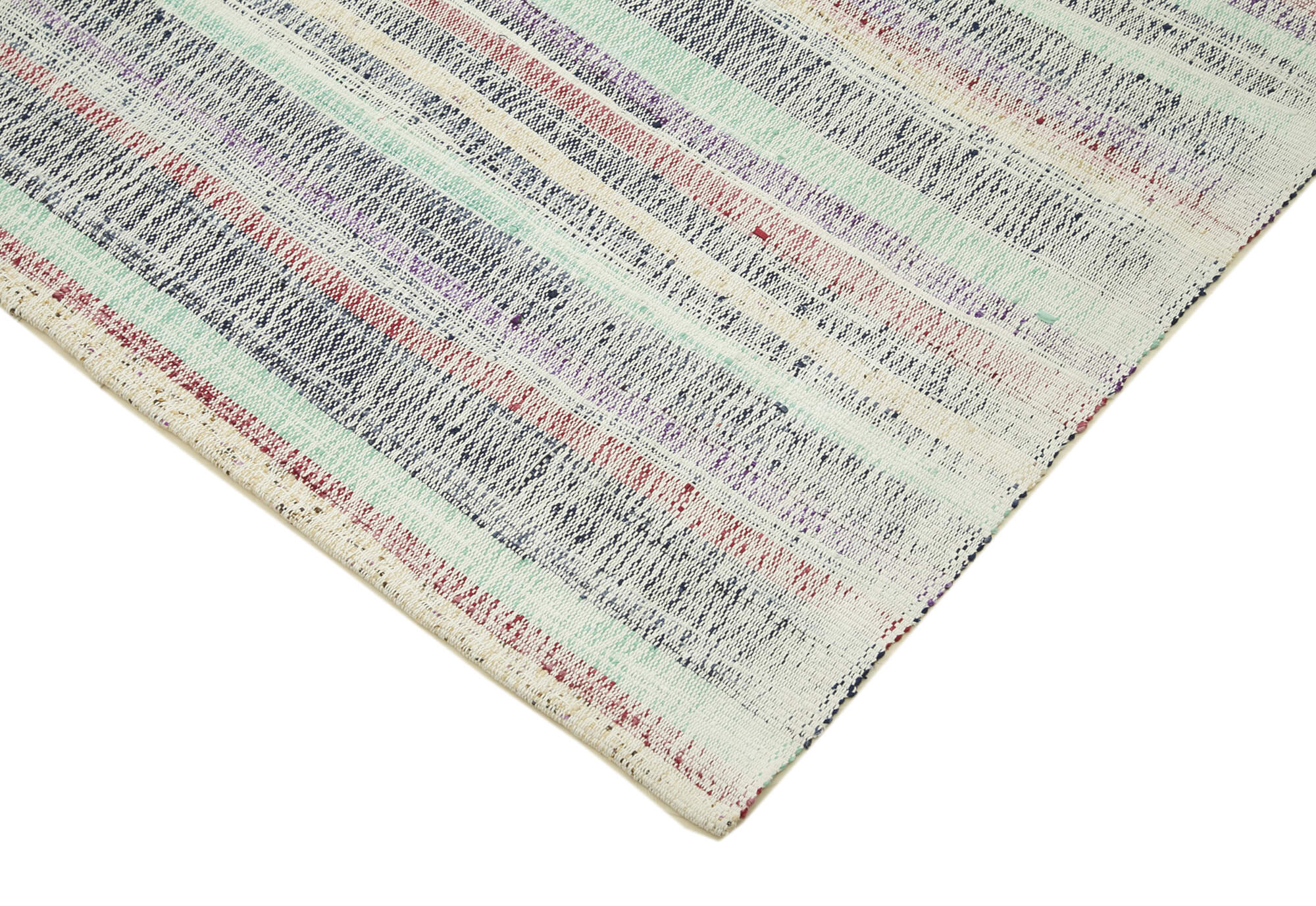 Handmade Area Rug - Turquoise Striped Kilim Cotton Wool Carpet 6'5''x9'0''