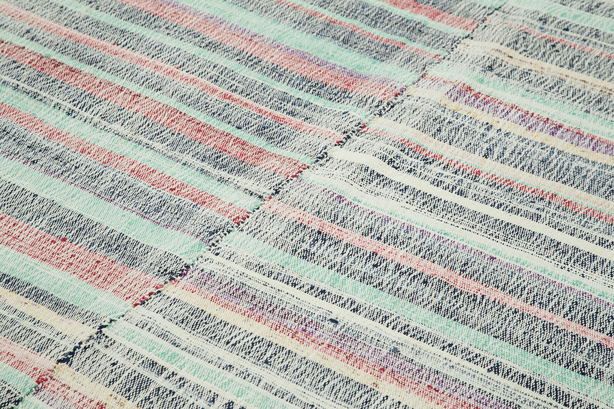 Handmade Area Rug - Turquoise Striped Kilim Cotton Wool Carpet 6'5''x9'0''