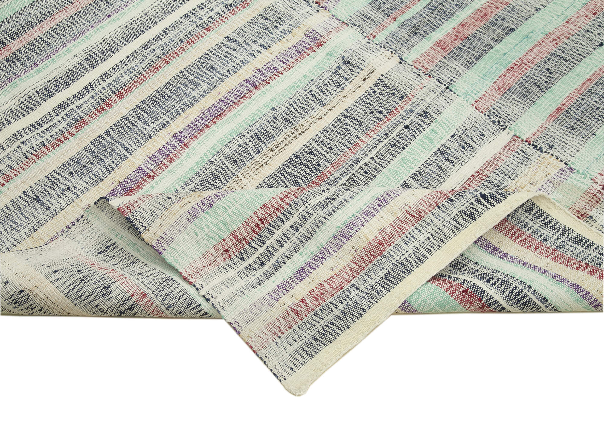 Handmade Area Rug - Turquoise Striped Kilim Cotton Wool Carpet 6'5''x9'0''